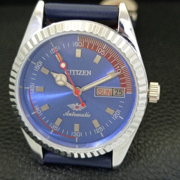Vintage 1970 Citizen Automatic Mens Silver Watch W/daydate & Blue accents - Picture 3 of 10